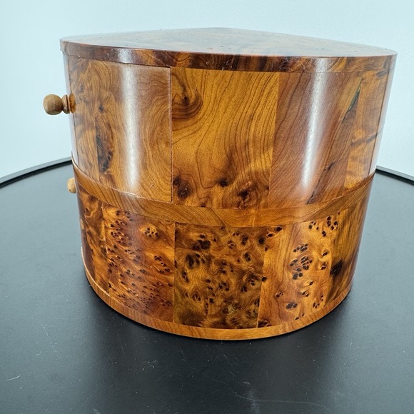 Morocco Jewellery Box Thuya Wood Aromatic Marquetry 2 Drawer Cylinder Drum Heavy - Picture 5 of 14
